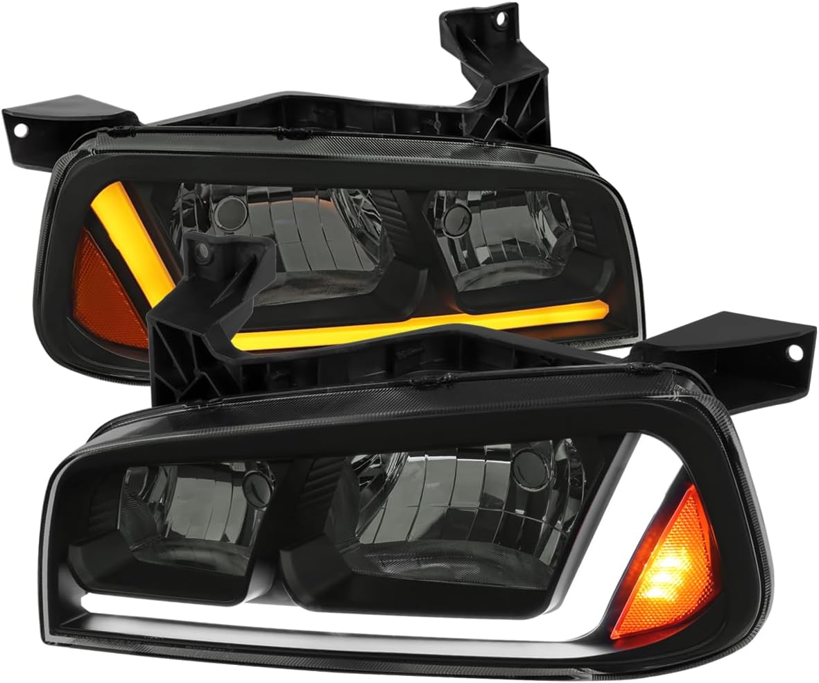 SPEC-D TUNING Black Smoke Headlights w/Fiber Optic LED Strip and Turn Signal Light Compatible with 2006-2010 Dodge Charger 4Dr Sedan, Left + Right Pair Headlamp Assembly