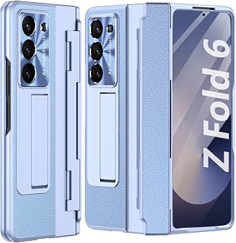 for Galaxy Z Fold6 Case, with Screen Protector, Rugged Hinge Protection, Camera Lens Cover, PU Leather Protective Phone Case for Samsung Z Fold 6, Blue