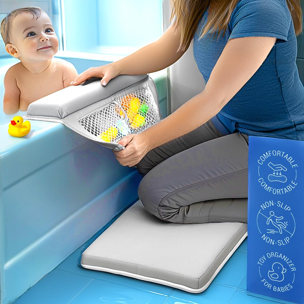 Image of colsen Baby Bath Kneeler and Elbow Kneeling Rest Pad Set – Comfortable, 1.5” Thick, Painless, Non-Slip, Foldable Mat for Bathing Parents, with Toy Organizer for Babies and Toddlers - Grey