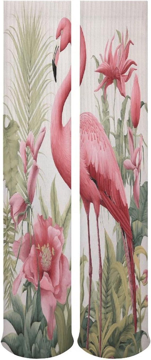 Flamingo And Leaves Knee High Socks Cozy Knee High Socks Soft Mid-Length Sock for All Seasons Daily Wear Adult