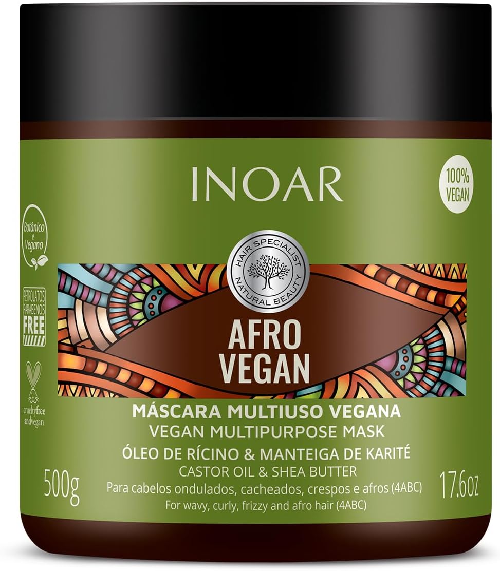 Inoar, Máscara Capilar Afro Vegan – Nutrição, Brilho e Crescimento com Óleo de Rícino, Manteiga de Karité e Vitamina E – 500g