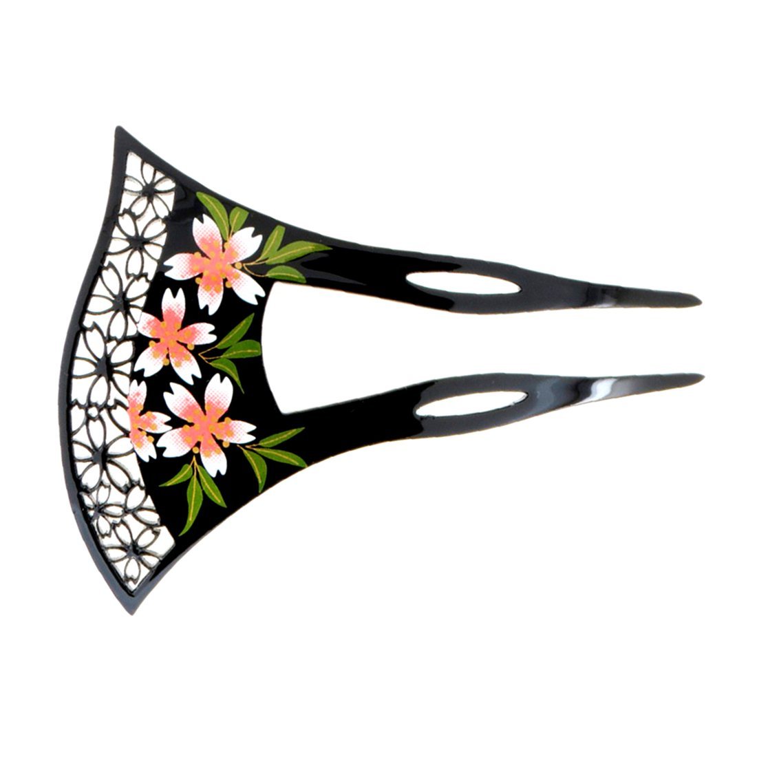 YOY Fashion Hair Decor Japanese Traditional Style Hair Comb Pins Picks Pics Forks for Women Girls Hair Accessory Two Prong with Floral and Hollow Out Flower, Black image 5
