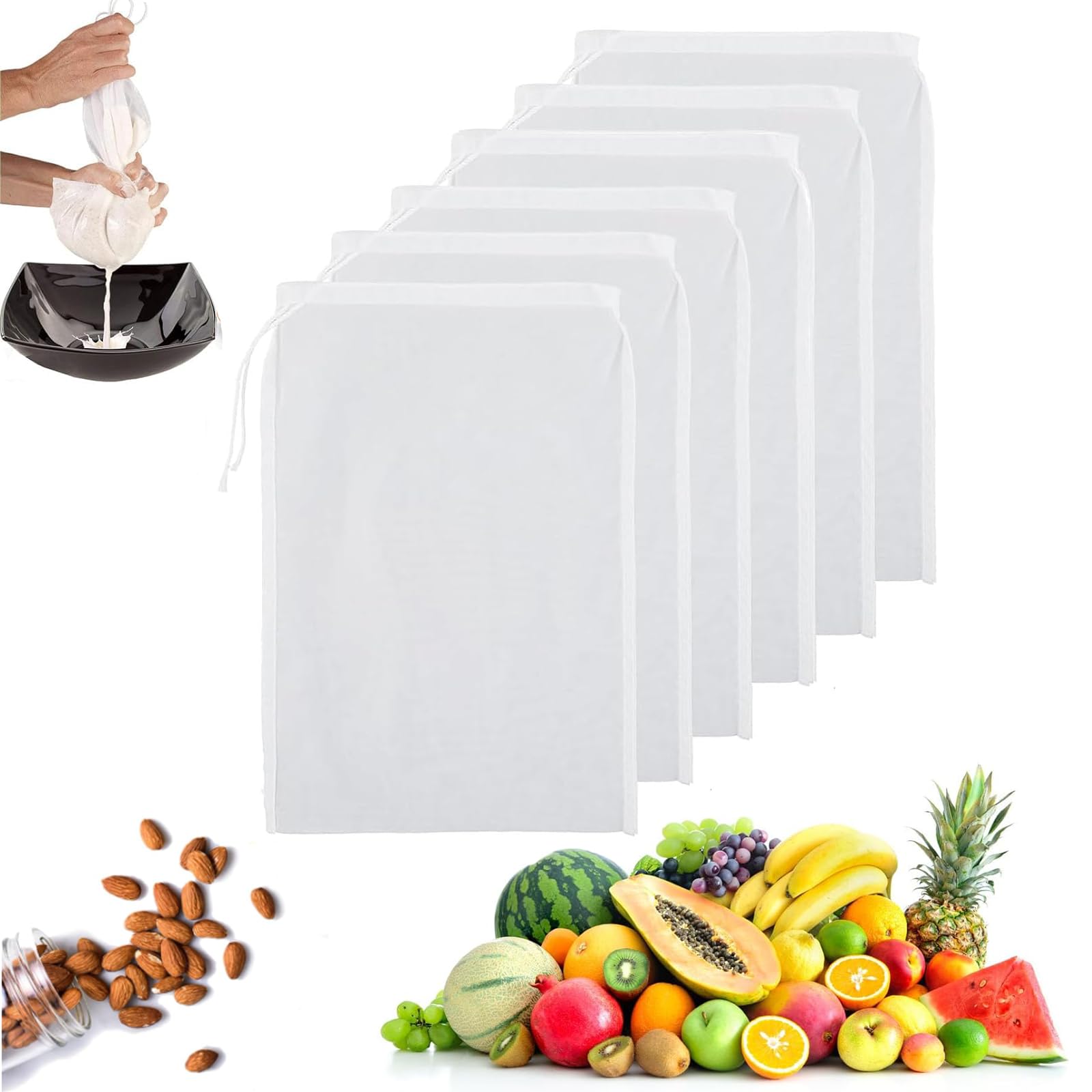 Nut Milk Bag, 6-Piece Set 20CM×30CM Cloth Strainer Filter, Reusable Food Strainer Filter, Nylon Mesh Cheese Cloth, for Straining Nut Milk, Juice, Yogurt (White)