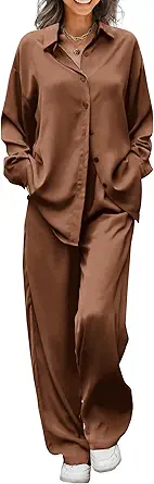 Ekouaer Womens Satin Silky Pajama Set 2 Piece Print PJs Soft Loungewear Button Down Sleepwear with Elastic Waist Long Pants