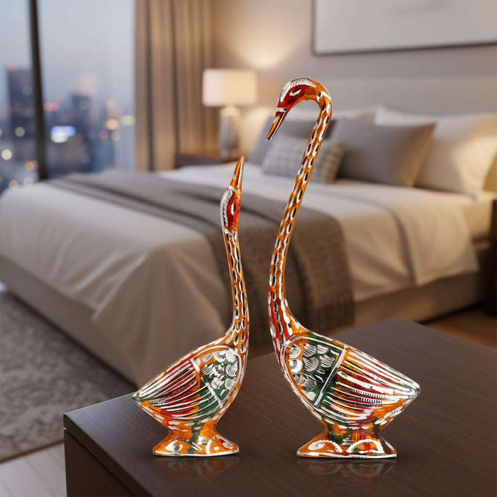 Collectible India Pair of Kissing Duck Showpiece Swan Love Birds Couple Statue Set Metal Bird Pair (Male - Female) Romantic Feng Shui Idol Wedding Gift & Home Decor