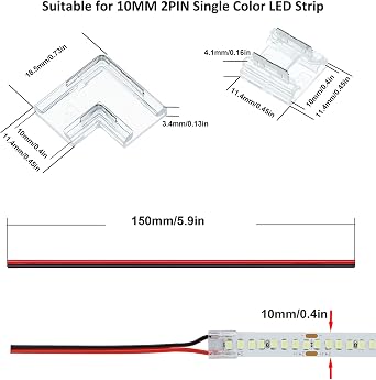 موصل JOYLIT LED Strip 2Pin 10mm / 0.39IN مجموعة موصل شفاف متوافقة مع 10MM COB SMD قطاع LED أحادي اللون ، تتضمن 10 قطع موصلات بدون غاب ، 4 قطع L موصلات ، 5 قطع كابلات تمديد
