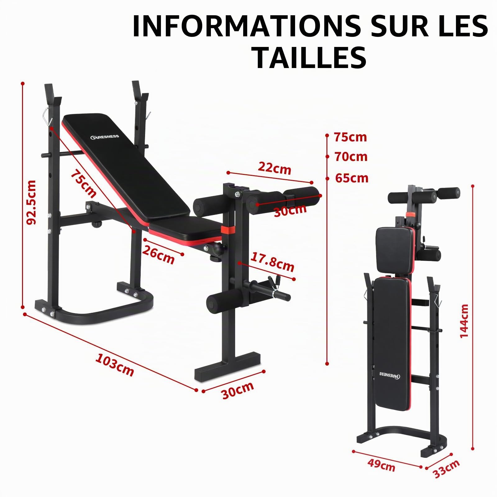 LEADZM Pliable Banc de Musculation Réglable avec Support pour Haltères, Dossier/Siège Réglable sur Trois Positions, Adapté à un Entraînement Complet, Capacité de Charge 200 kg