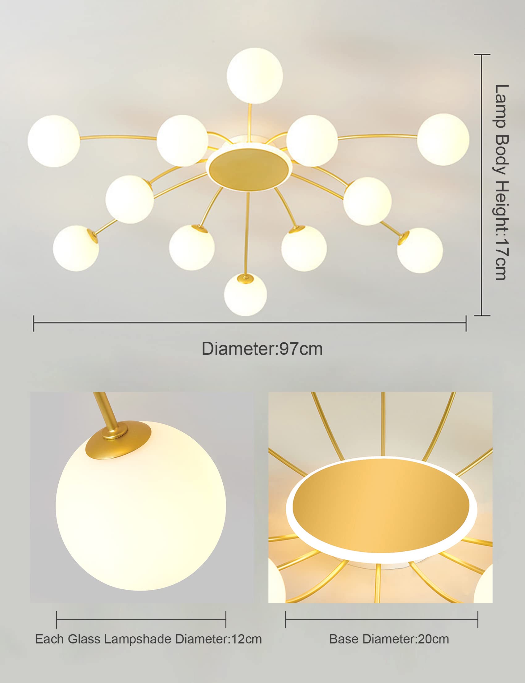 Lampadario Sputnik, Lampada da Soffitto Sputnik, Lampadario a Sospensione Oro 12 Luci, Lampada a Sospensione Moderno con Paralume Sfera in Vetro Bianco per Soggiorno Cameretta