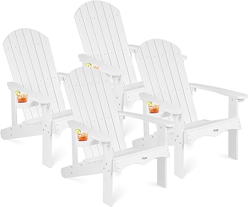 Y&M Adirondack - Juego de 4 sillas blancas para hoguera, sillas de patio al aire libre con soporte para tazas, sillas de patio con textura de madera