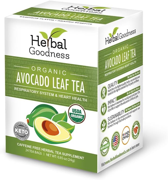 Avocado Leaf Tea - Organic Avocado Green Tea Bags Rich in Calcium, Nutrient Dense, Respiratory & Heart Support - 24/2g Tea Bags - Herbal Goodness