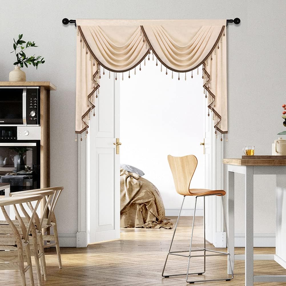 ELKCA Thick Chenille Window Curtains Valance for Living Room, Beige Valance with Beads for Bedroom,Rod Pocket (W59inch,1 Panel)