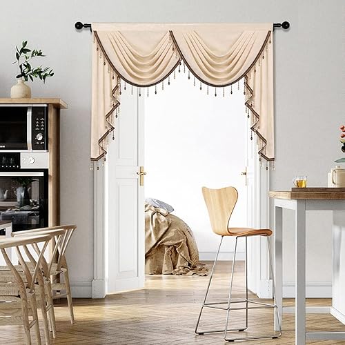 ELKCA Cenefa de cortina de felpilla gruesa para ventana de sala de estar, cenefa color beige con cuentas para dormitorio, abrazadera para barra (59