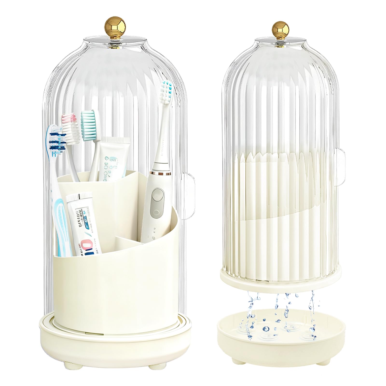 Multifunctional Rotating Toothbrush Holders with Sliding Lid and Draining Tray, 3-Slot Bathroom Countertop Vanity Organizer for Tooth Brush, Toothpaste, and Makeup Brushes Holder Storage (White)