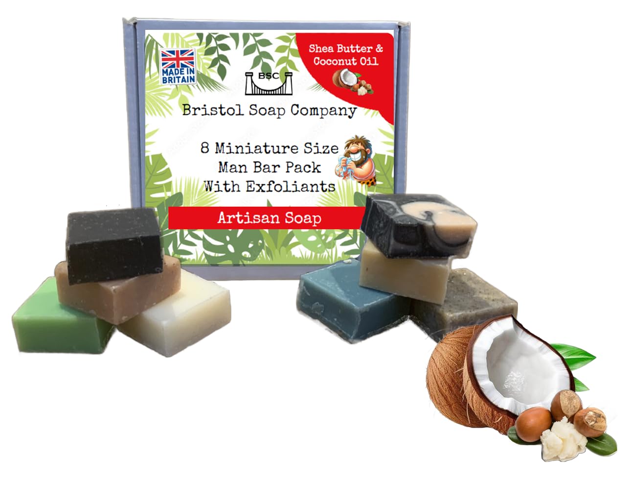 Bristol Soap Company Artisan Soap Mini Man Bar Pack, 8 Handmade Soaps With Exfoliants, Essential Oil, Shea Butter & Coconut Oil, Cruelty-Free & Vegan Gift Set (8 x 15g)