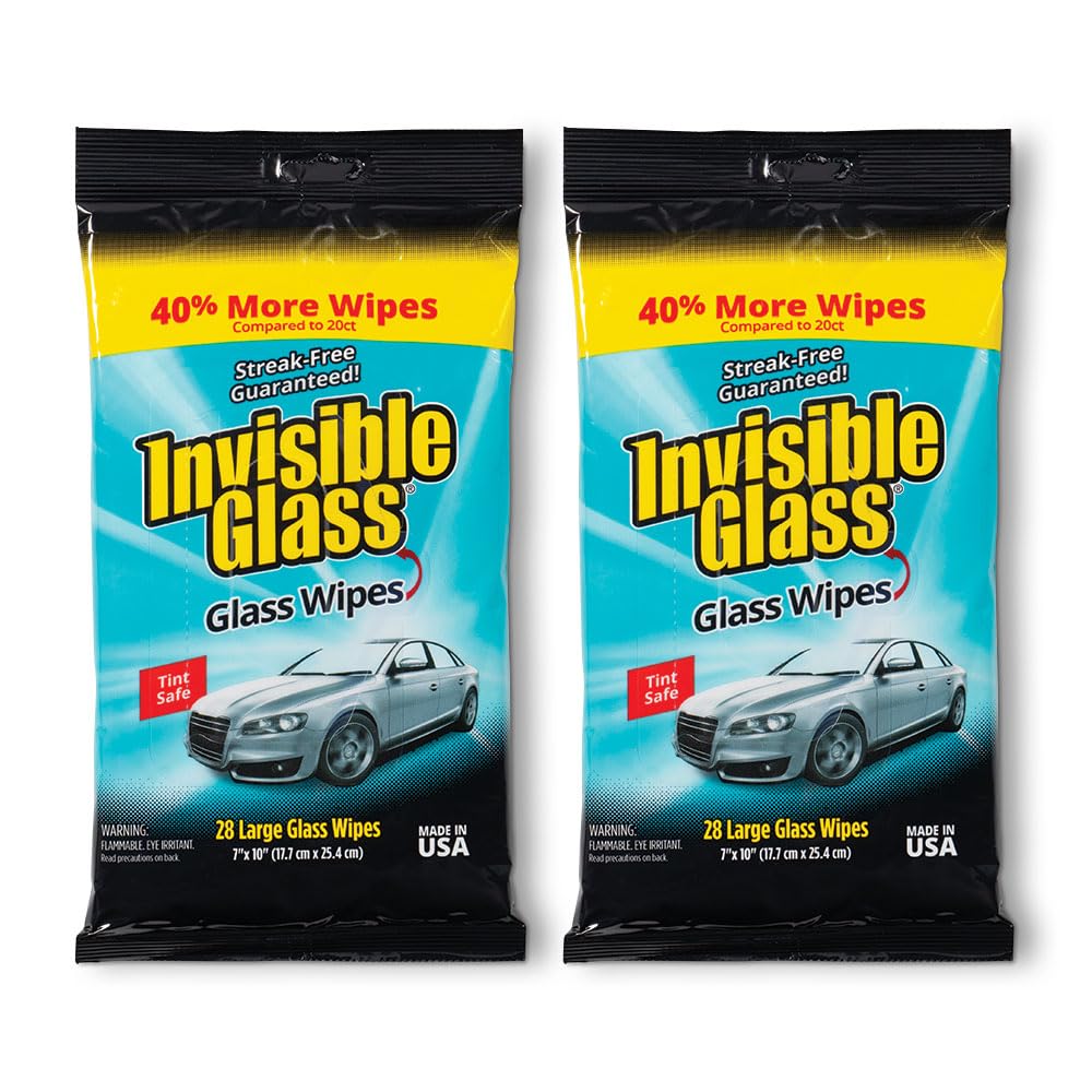 Invisible Glass 90161-2PK Large Glass Cleaning Wipes for Streak-Free Windows, Mirrors, and Glass, Lint-Free, Ammonia-Free, Tint-Safe, for Home and Auto, Flat Pack, 28 Wipes, Pack of 2