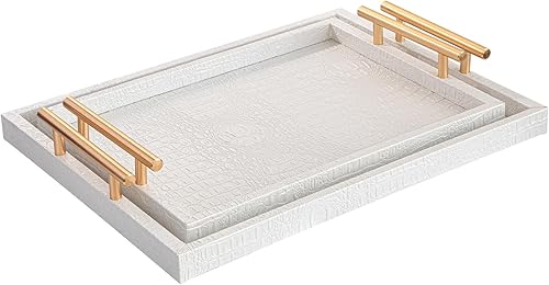 Miniatura 9 de Moderno y elegante bandeja grande de madera, juego de 2 de cuero de cocodrilo blanco perla con asas de metal pulido dorado, bandeja decorativa