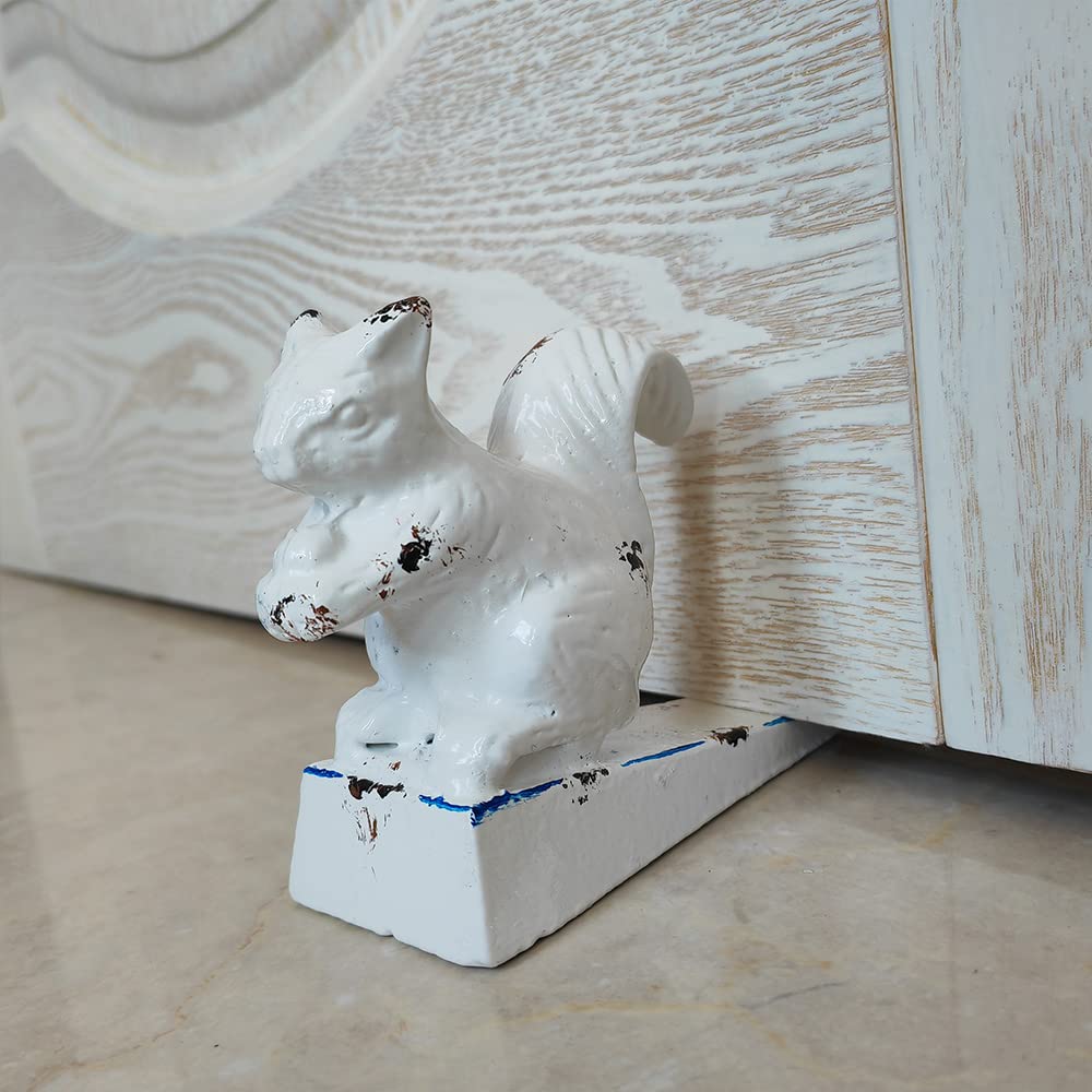 Cast Iron Heavy Door Stop, Cute Animal Shape Doorstop, Antique Style Decorative Door Stopper for Bottom of Door , Sturdy Door Stop Wedage and Floor Decor - White