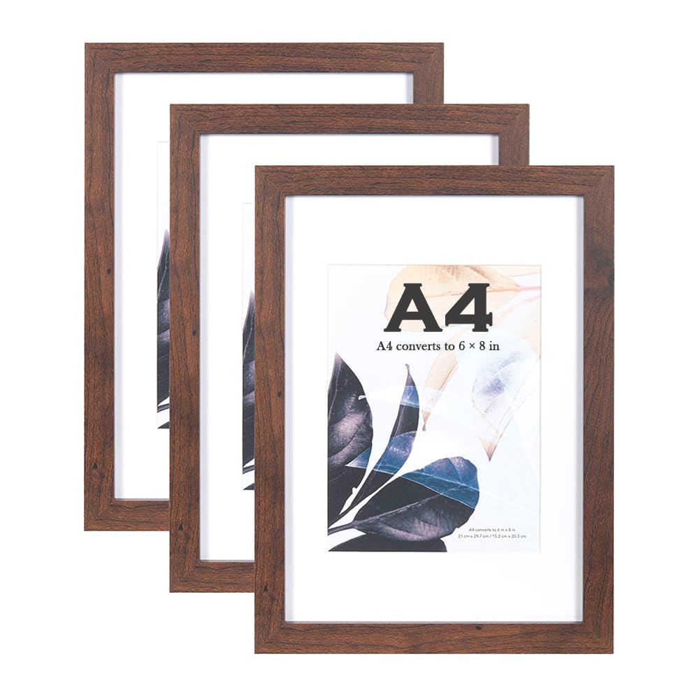 Walnut Wooden Picture Frame A4 with Mount,Set of 3,A4 Frame,A4 Picture Frame,Freestanding and Wall Mountable