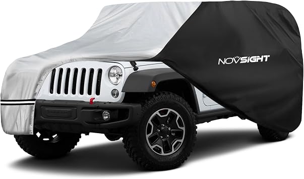 NOVSIGHT Waterproof Car Cover Fit for Jeep Wrangler 4-Door 2007-2024 JKU JLU, PEVA All Weather Car Cover with Soft Cotton Lining, UV Resistant, Windproof Wheel Straps