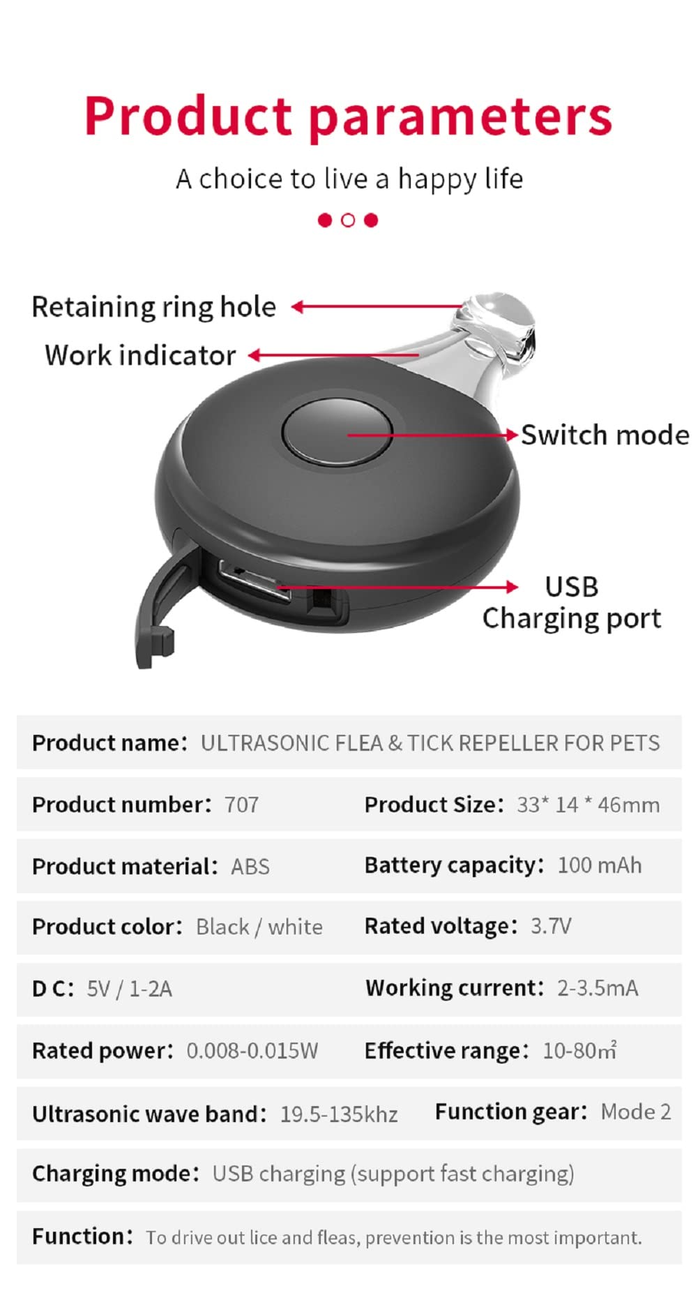 Sweetneed chidad yi ultrasonique anti-puces et anti-tiques pour animaux de compagnie Pendentif à ultrasons contre les tiques charge USB, lumière clignotante pour éviter les pertes la nuit