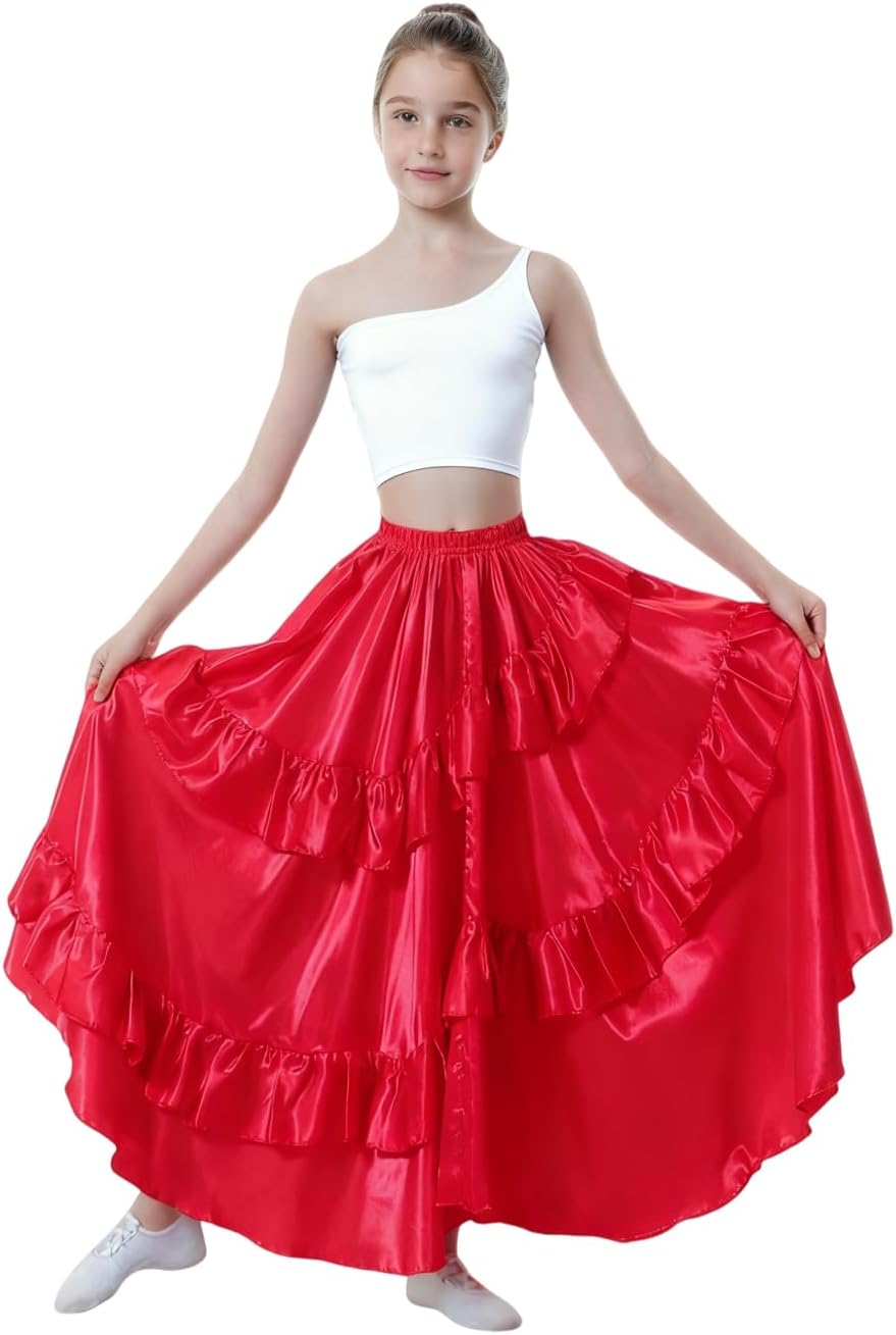 Satin Ruffle Flowy Long Dance Skirt for Girls | Elastic Waist, Dancing Practice Performance
