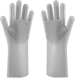 Silicone Dishwashing Gloves, Reusable Cleaning Gloves ,Silicone Scub Gloves, Rubber Washing Gloves Dishwashing Gloves for Household, Bathroom,Pet Bathing, Cars, Fruit and More (Grey)