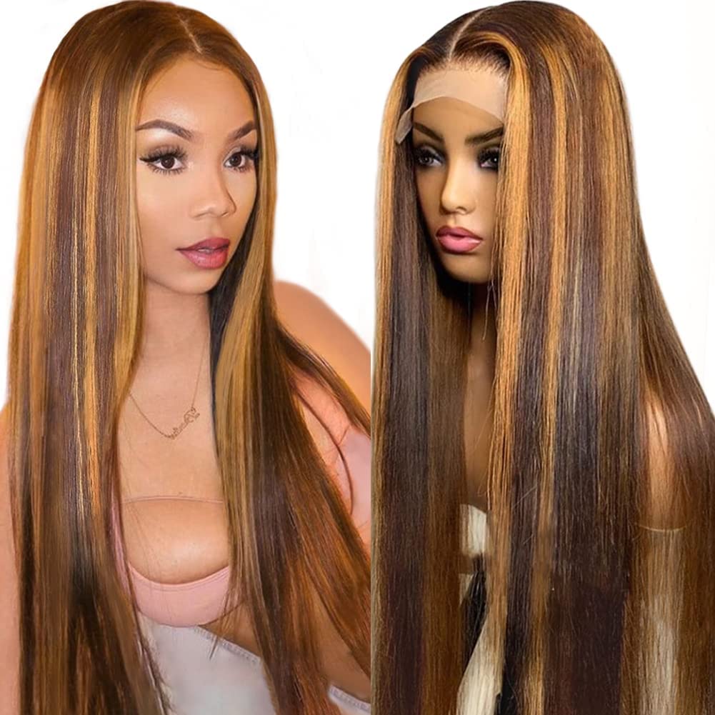 Brown & Ombre Blonde Straight Lace Front Wig Human Hair Pre Plucked 150% Density 13X4 Transparent Lace Frontal Wig for Women Glueless Brazilian Virgin Hair Wigs with Baby Hair Bleached Knots(26 Inch)