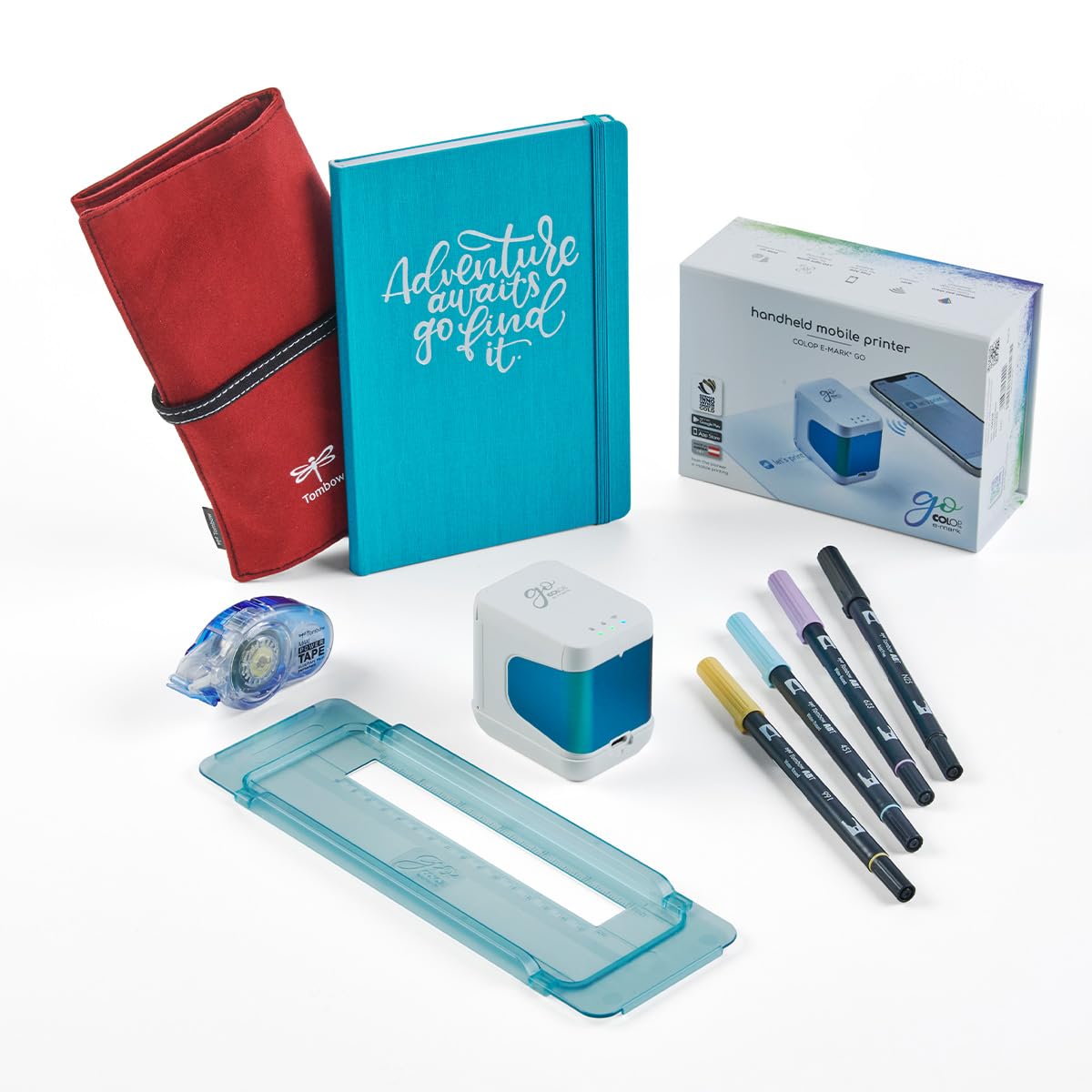 Colop Bullet Journal Set composto da stampante mobile e-Mark go, righello, 4 penne Tombow ABT Dual Brush Pens, 1 rullo adesivo, 1 bullet/Travel Journal, 1 custodia arrotolabile