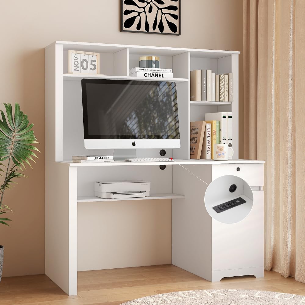 Computer Desk with Hutch & Bookshelf,Wood Executive Desk Teens Student Desk Writing Laptop Home Office Desk with Drawers (White + MDF)