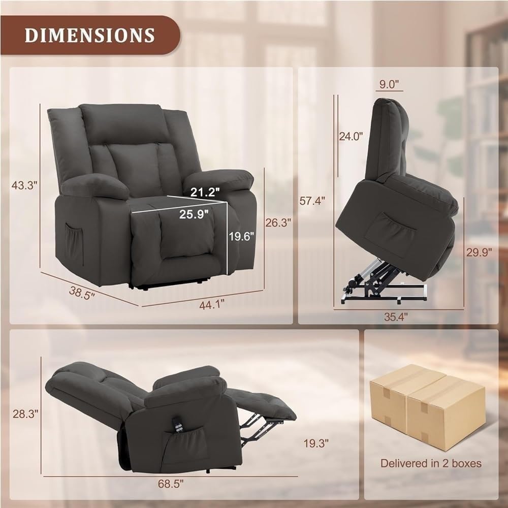 Recliner Sofa Power Lift Chair PU Leather Adjustable Lay Flat Heat Massage Adults Elderly Living Room
