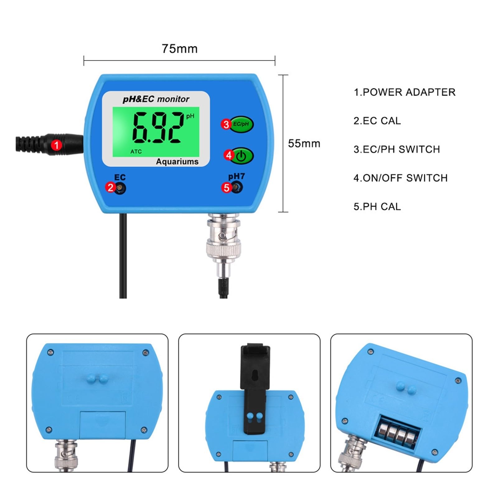 Misuratore PH Professionale 2 in 1 EC for Acquario Monitor Multiparametrico Dela qualità Del'acqua PH/EC Online Acidomet Rilevamento Rapido E Preciso
