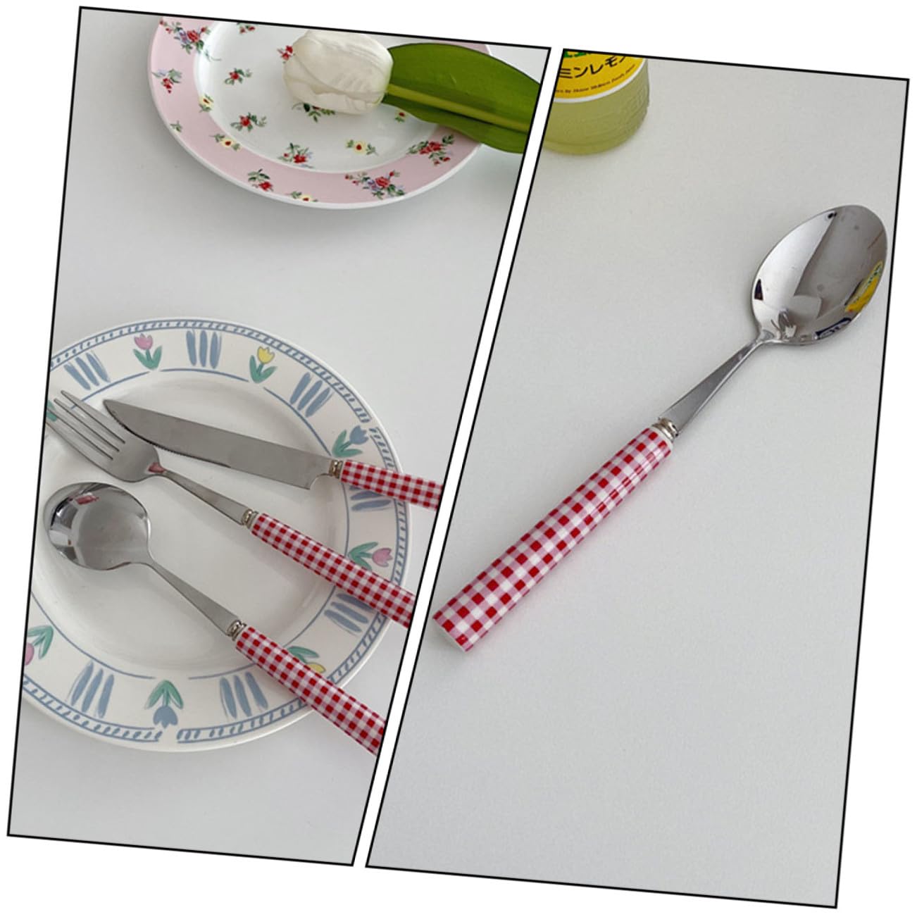 ABOOFAN 2sets Posate Acciaio Inossidabile e Ceramica Stile Francese Per Steak e Dessert Con Manico Ceramica Righe Rosse Per Occasioni Speciali e Cucina Quotidiana