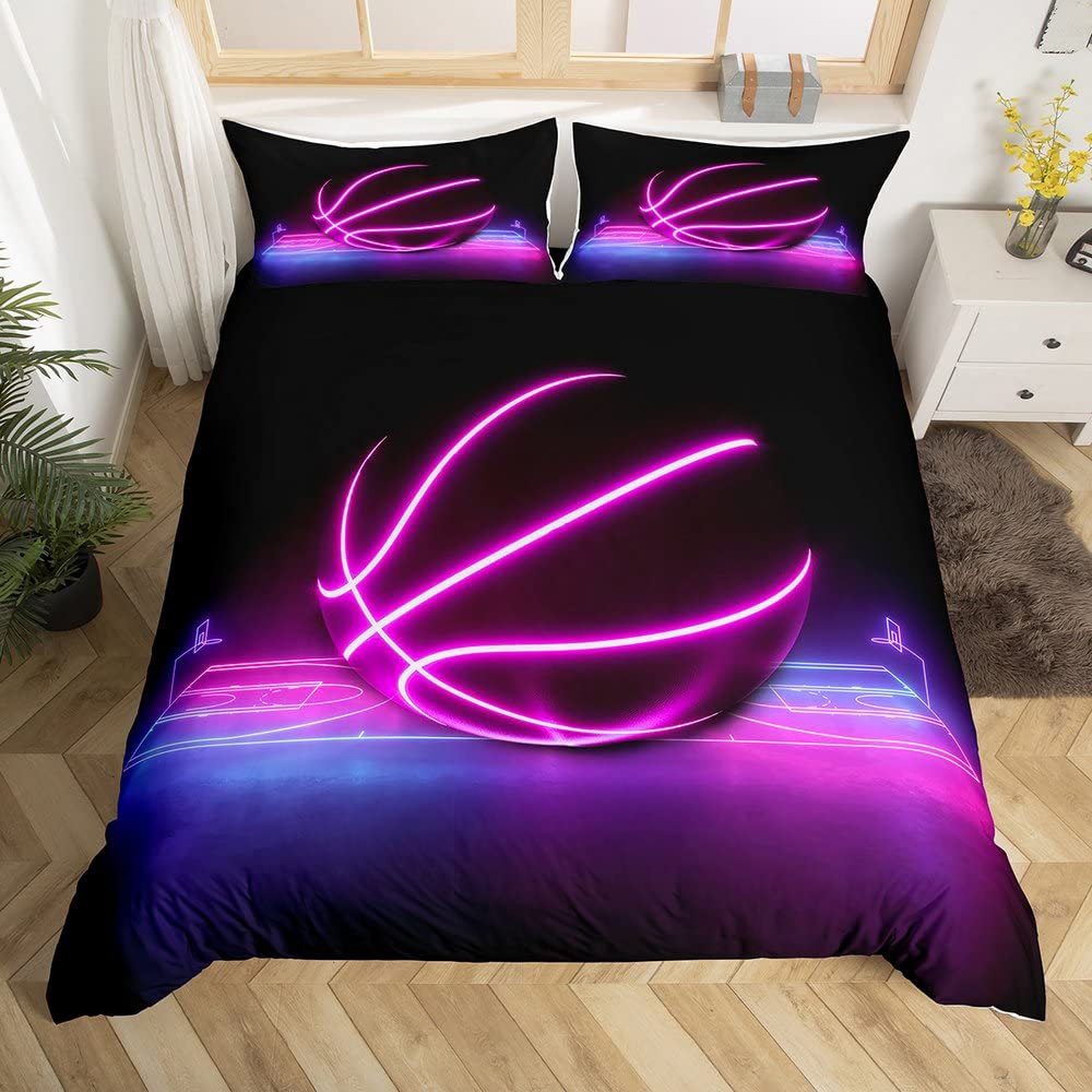 Juego de ropa de cama de baloncesto 140 x 200 para niños y niñas y niños funda nórdica para cancha de baloncesto degradado de neón, juego de ropa de cama de deporte, decoración azul y rosa para el