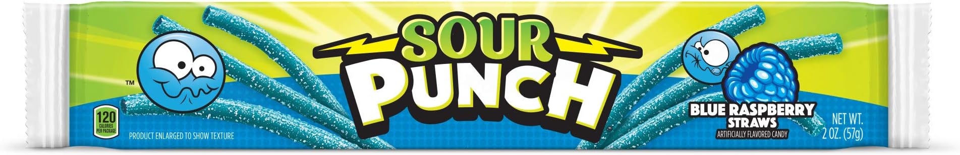 Sour Punch Straws, Sweet & Sour Flavored Soft, Chewy Candy, Tray, Blue Raspberry , 2 Ounce (Pack of 24)