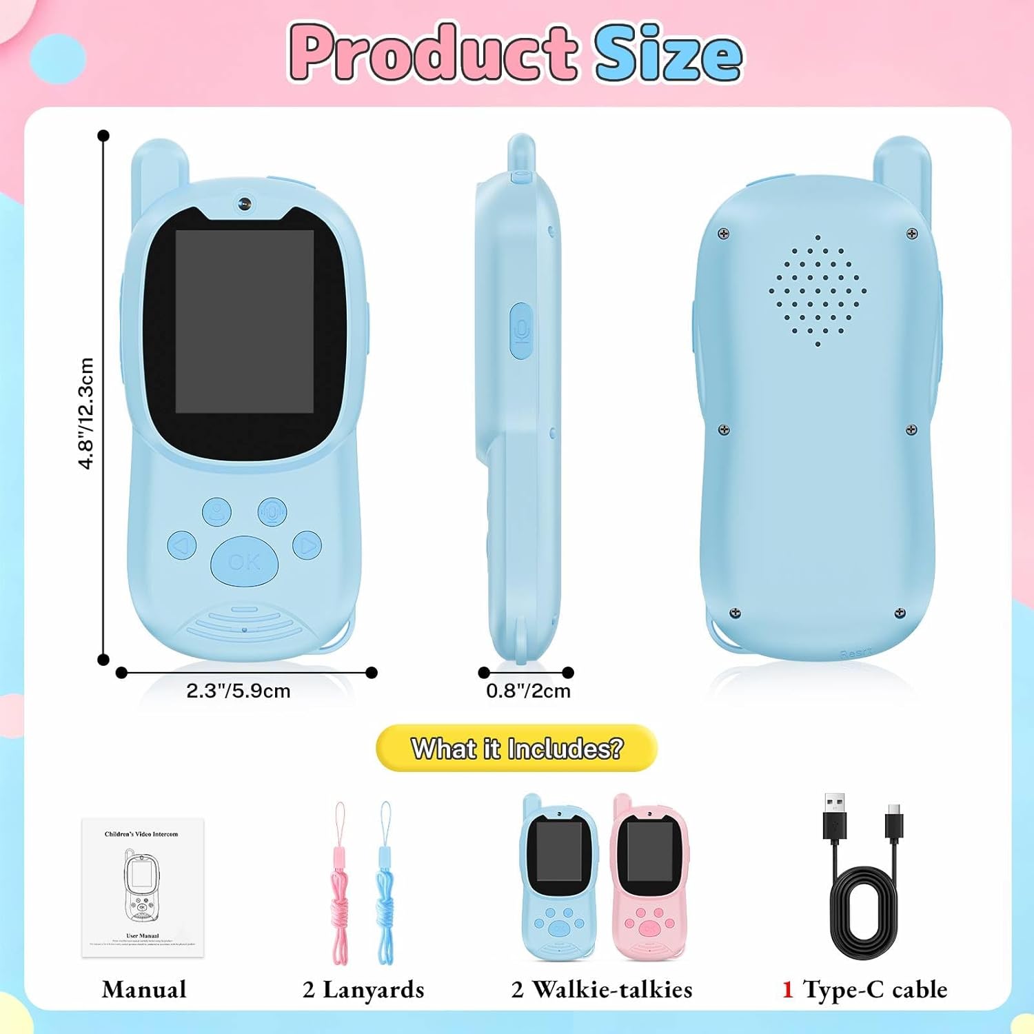 Kids Video Walkie Talkies with Camera, 2 Pack Rechargeable Walkie-Talkie Toys for Boys & Girls Aged 3-12, Christmas Birthday Gifts for 3 4 5 6 7 8 Year Old (Blue & Pink)