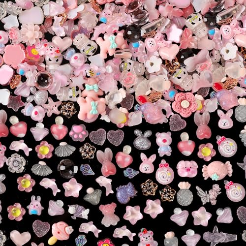 COOSLIM 150pcs Cute & Sweet 3D Animal Nail Charms for Acrylic Nails, Flower Bear Butterfly Animal Shape Charms for Nail, Perfect for Nail Art Decorations & DIY Accessories Crafts（Pink