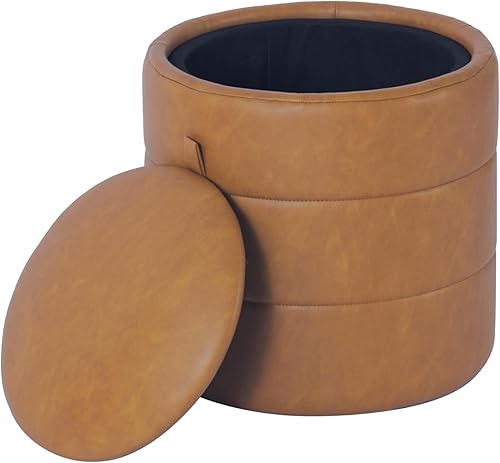 Miniatura 5 de HomePop Otomana redonda de almacenamiento con tapa extraíble, decoración del hogar, otomana redonda tapizada de terciopelo, piel sintética de carmelo