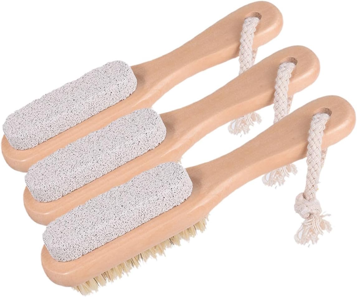 WOONEKY 3pcs Double-Sided Foot Brush and Pumice Stone with Wooden Handle for Shower Foot Scrubber Exfoliator Dead Skin Removal Callus Remover for Men and Women