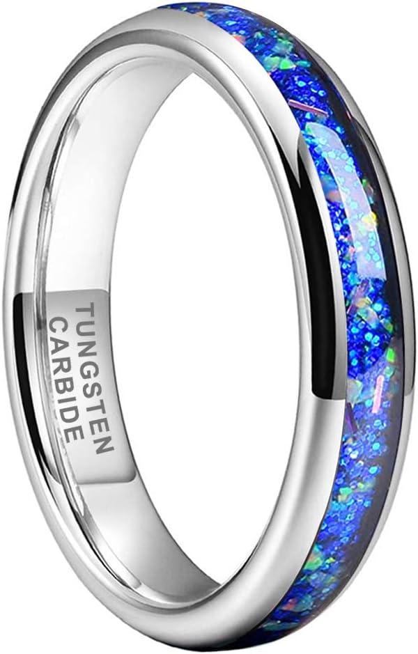 TUTISS 4mm Silver/Black Tungsten Rings for Women Men Engagement Wedding Bands Genuine Blue Green Galaxy Opal Inlay Domed Polished Comfort Fit