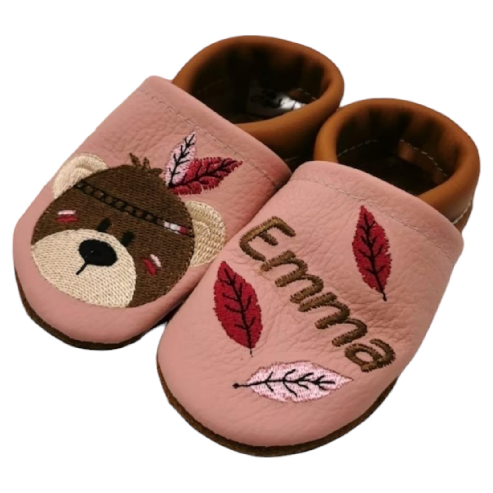Generisch Zwucki Krabbelschuhe Lauflernschuhe Lederpuschen mit Name Personalisiert Handgemacht Geschenk Geburt Taufe Geburtstag Mädchen Junge Baby Indianer Bär Echtleder