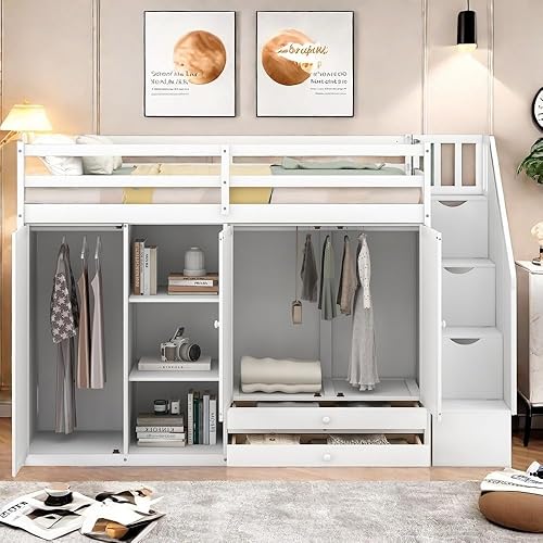 Miniatura 10 de SOFTSEA Cama tipo loft individual con 2 armarios 2 cajones y 3 estantes marco de cama tipo loft funcional con escaleras no necesita somier