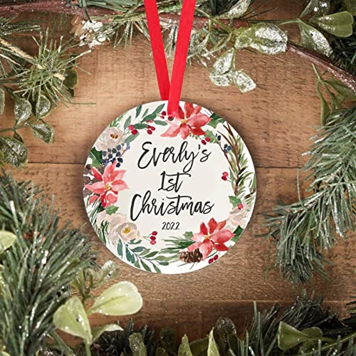 Zmoicky Baby's First Christmas Ornament with Poinsettia Flower Wreath Christmas Keepsake Gift for Newborn Baby