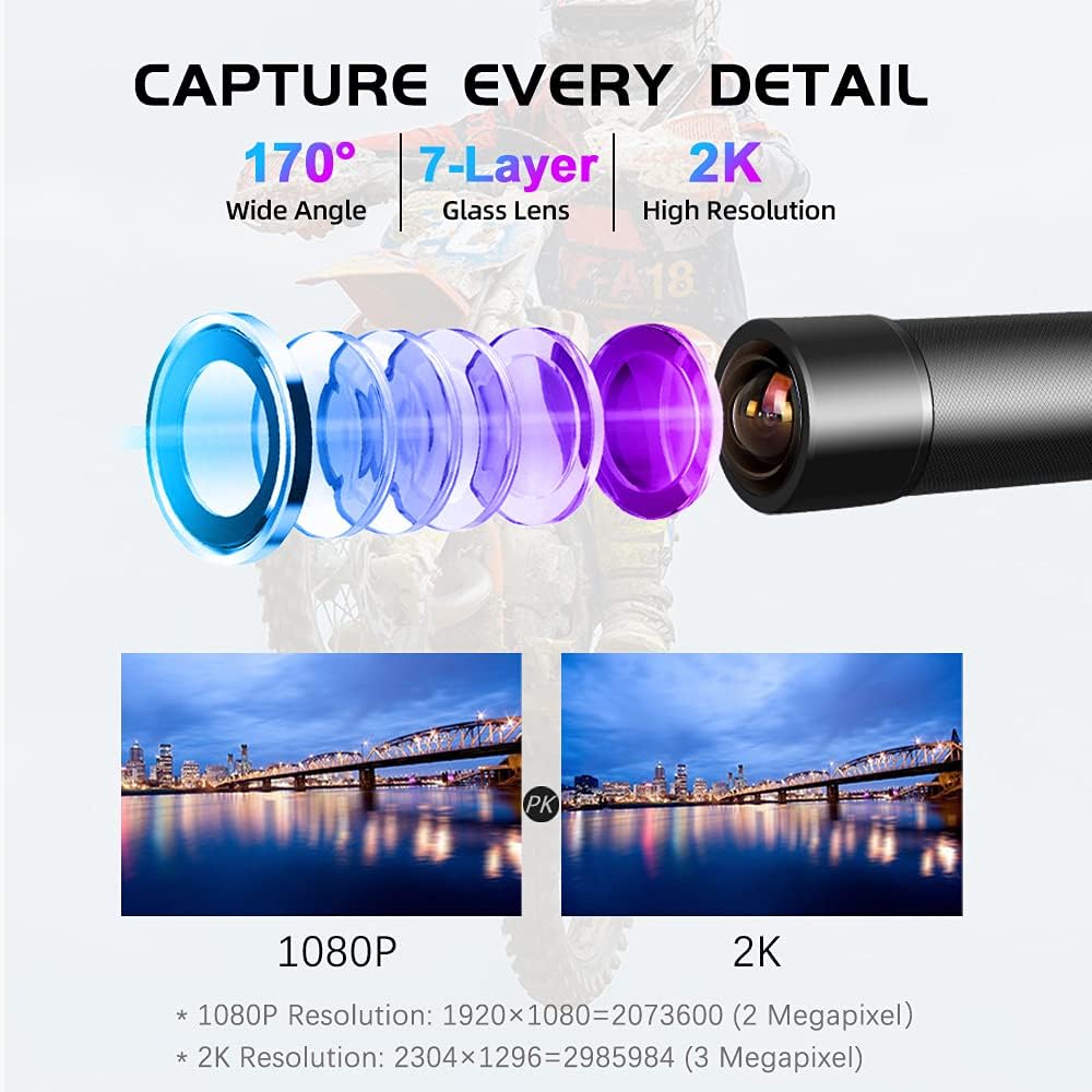 VSYSTO 2K Motorcycle Helmet Camera, 170° Super Wide Angle, Smile Face Spectral Light, Remote Control, WiFi, Waterproof, Night Vision, G-Sensor, Loop Recording