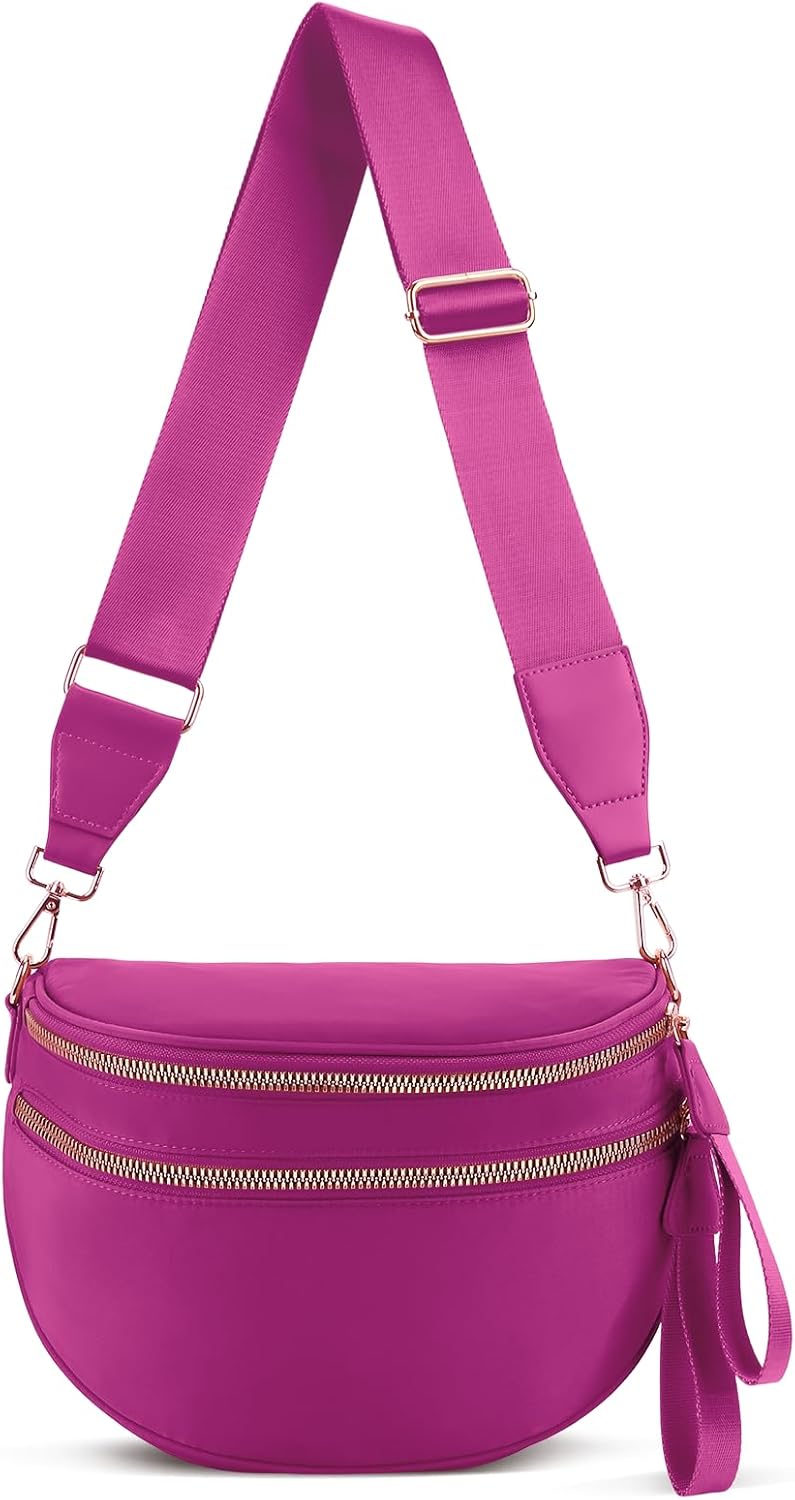 Bum Bags for Women Nylon Crossbody Bag Solid Spacious Cresent Sling Belt Half Moon Purse with Adjustable Strap Trendy Satchel