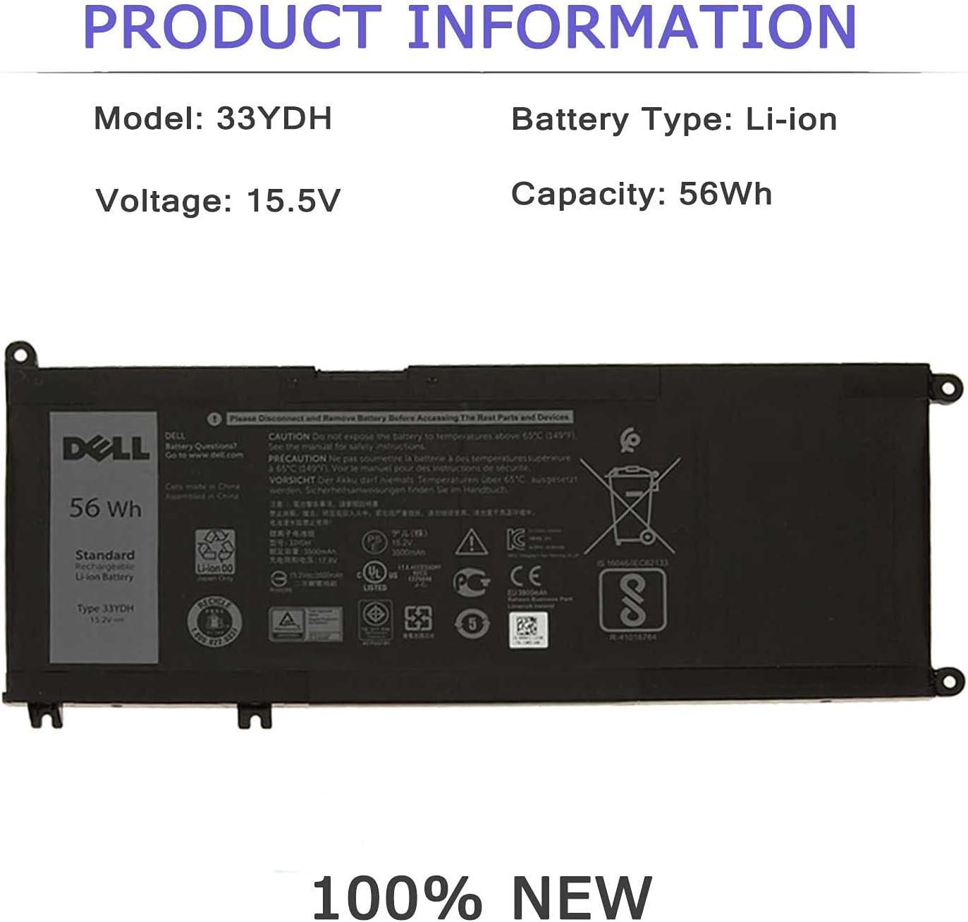 DELL 33YDH Laptop Battery for Dell Inspiron 15 7577 17 7000 7773 7778 7786 7779 for DELL G3 15 3579 G3 17 3779 G5 15 5587 G7 15 7588 Latitude 13 3380 14 3490 15 3590 3580 56Wh 15.2V PVHT1 81PF3