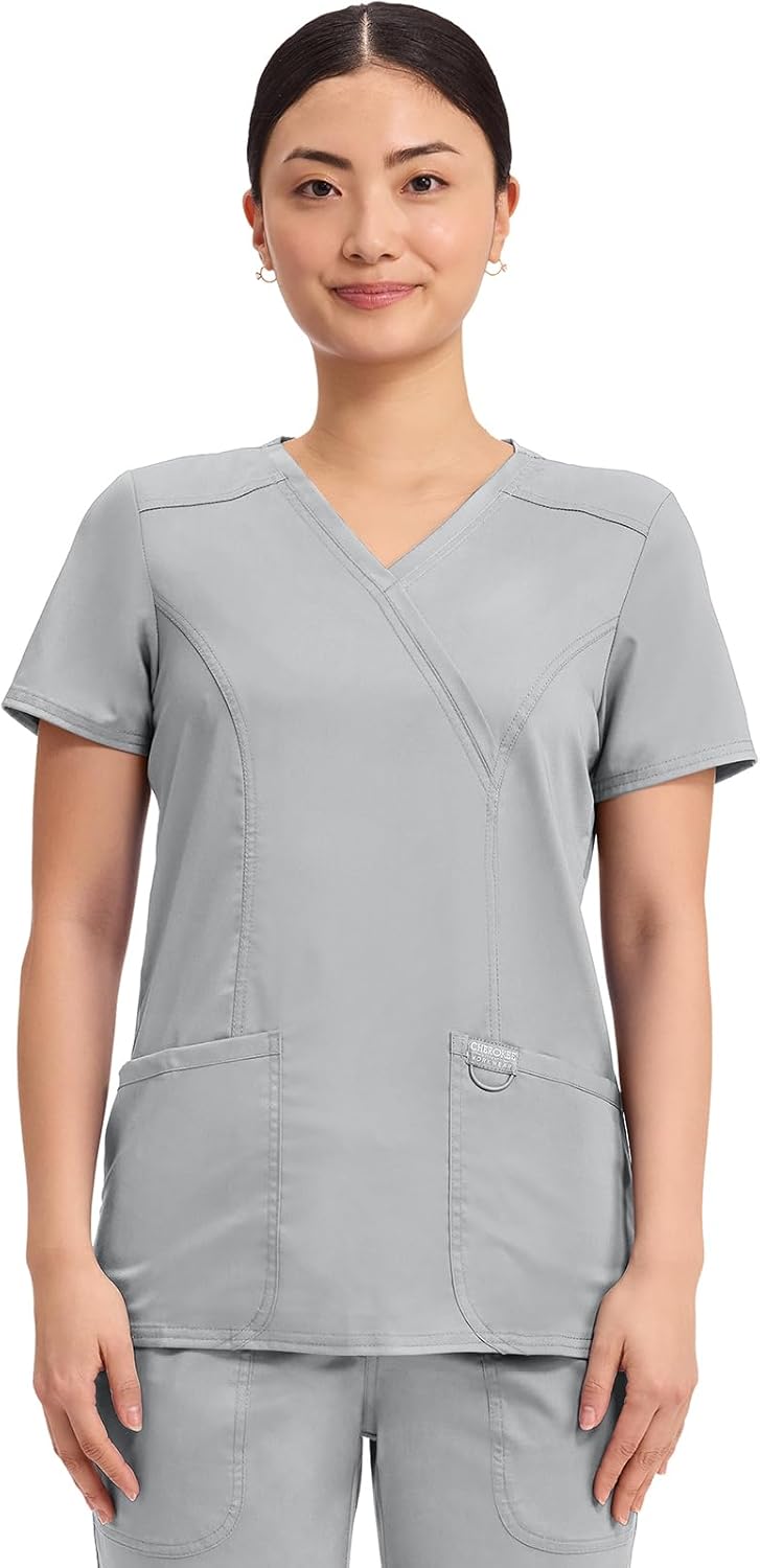 Cherokee Scrubs Top for Women Mock Wrap with 3 Pockets, Soft, 2-Way Stretch & Durable Fabric - WW610