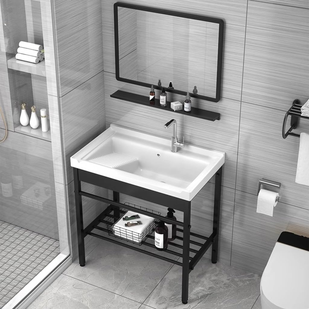 Fregadero Independiente for Lavandería, Lavabo de Cerámica con Tabla de Lavar Patas de Metal de Acero Inoxidable Soporte y Kit de Drenaje, for Lavadero, Lavadero, Garaje, Sótano ( Size : 60X48CM )