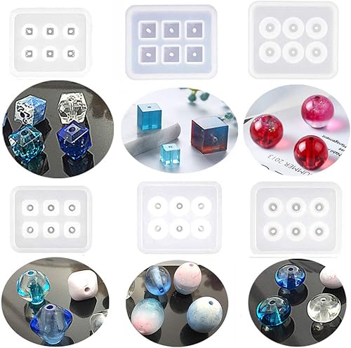 Paquete de 6 moldes de cuentas de resina con agujero, moldes de resina de silicona epoxi para cabujón de piedras preciosas colgantes, aretes,