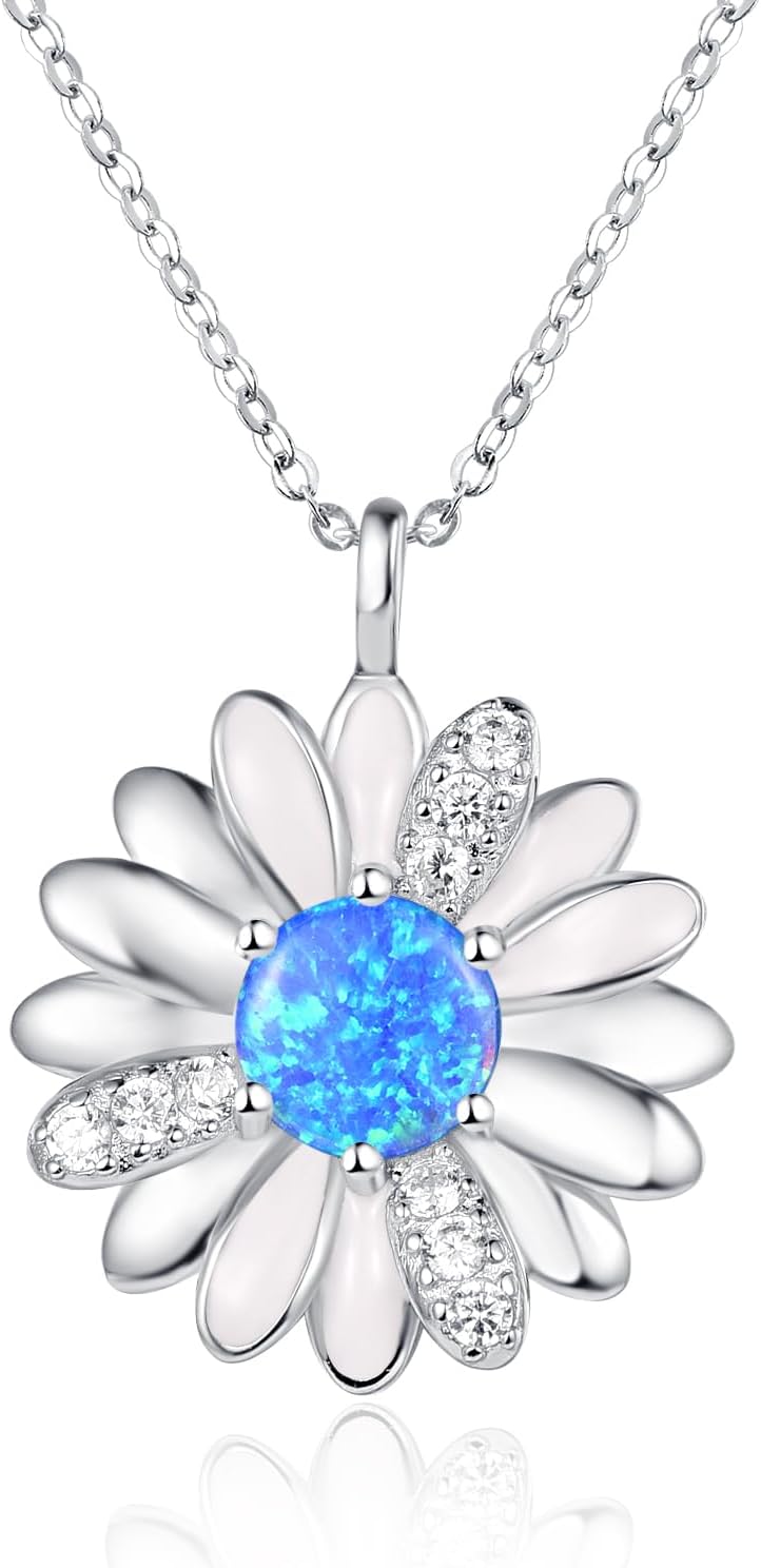 KINGWHYTE Daisy Necklace Gifts for Women 925 Sterling Silver Opal Daisy Pendant Spring Flower Necklace Jewelry Graduation Birthday Celebrate Congratulation Gift