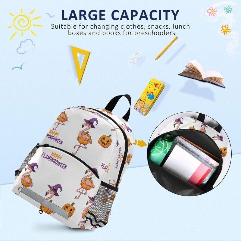 QUGRL Happy Flamingo Halloween Toddler Backpack for Boys Girls Kids School Backpack with Chest Strap Leash Preschool Schoolbag Nursery Kindergarten Bag for Daycare Travel Hiking School